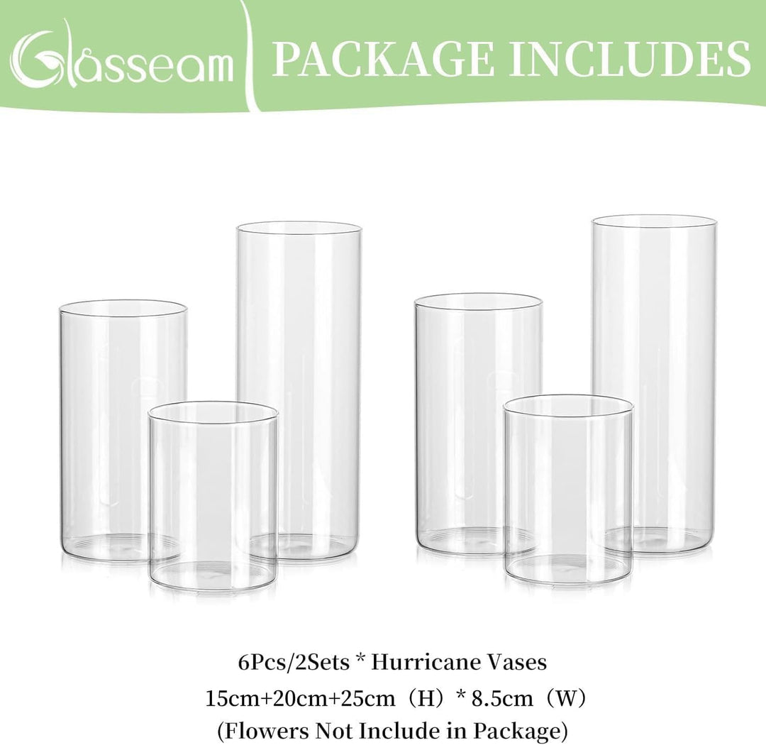 Glasseam Zylinder Vase Glas Klar, Blumenvase Modern Vasen Deko 6 Stück, 15/20/25cm Hoch Tulpenvase Z