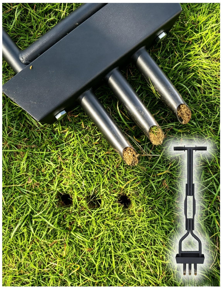 Manueller Rasenbelüfter mit 3 Hohlspoon-Zinken & Auffangrahmen schwarz, 99cm Länge & 21.5cm Breite,