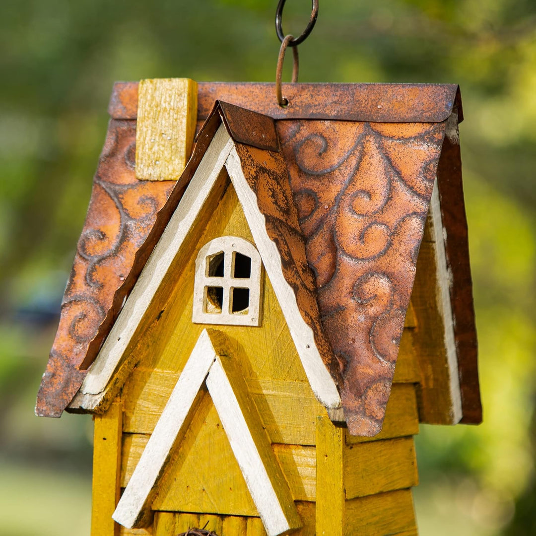 Glitzhome GH90085 Hängendes Vogelhaus aus Holz im Used-Look, Gelb, gelb