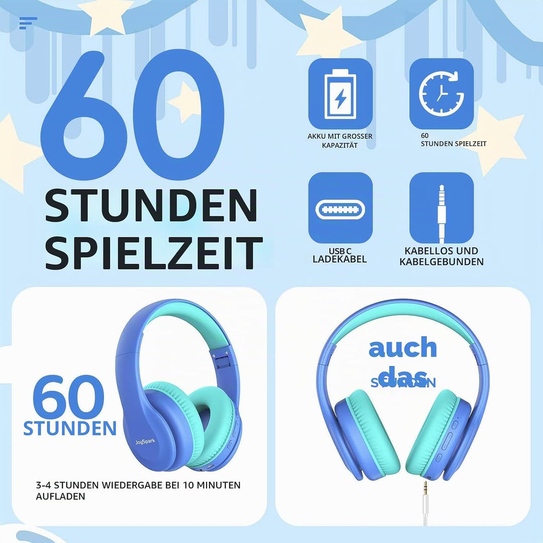 Bluetooth Kopfhörer Kinder, Kabellose Kinderkopfhörer Over-Ear mit 85/94dB Lautstärkebegrenzung, 60