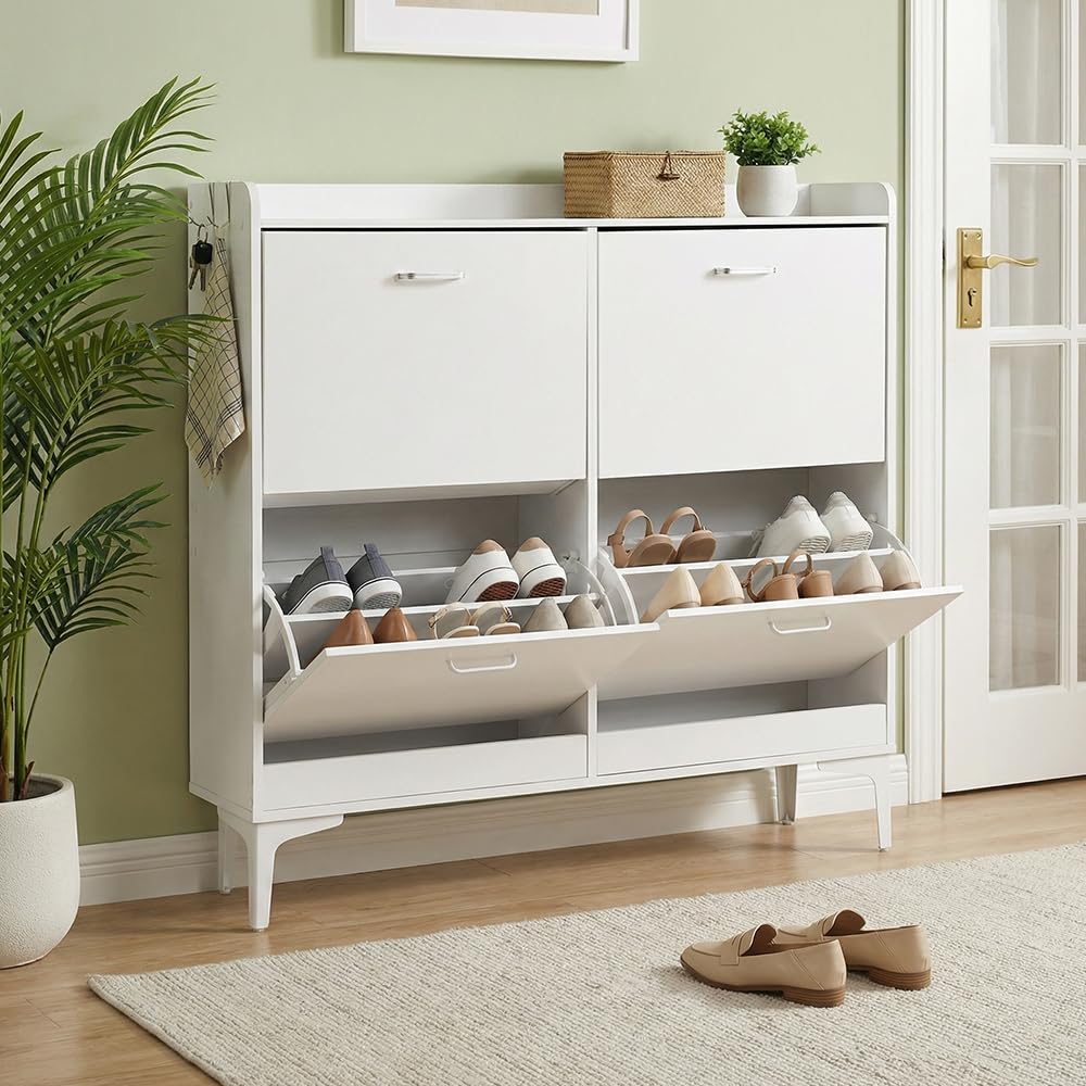 EGGREE Schuhschrank Schmal mit 4 Klappen, Schuhkipper für Flur, Schuhregal mit verstellbaren Fächern