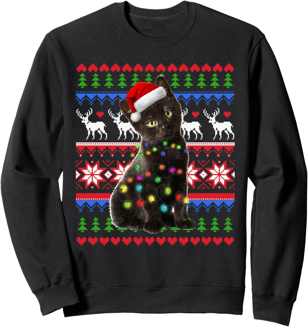 Santa Black Cat Christmas Light Ugly Christmas Sweater Sweatshirt