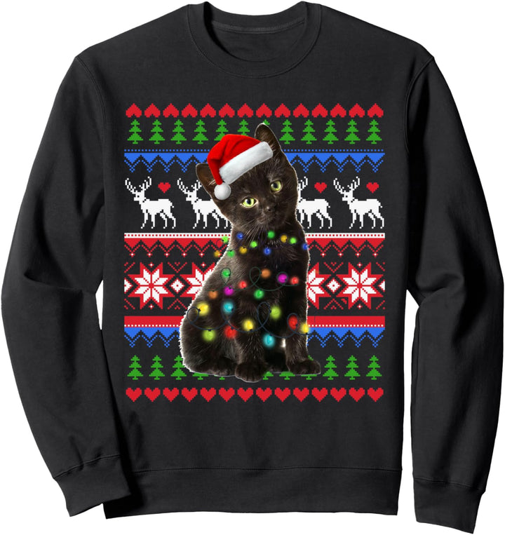Santa Black Cat Christmas Light Ugly Christmas Sweater Sweatshirt