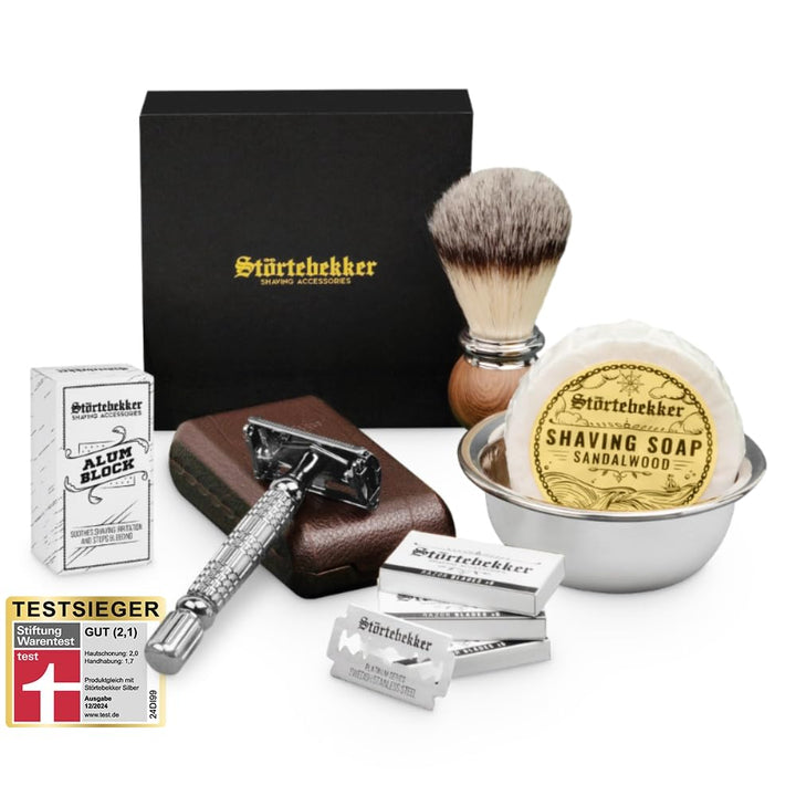 Störtebekker® Premium Rasierhobel Set für Herren im handgefertigten Lederetui - Rasierset mit Rasier