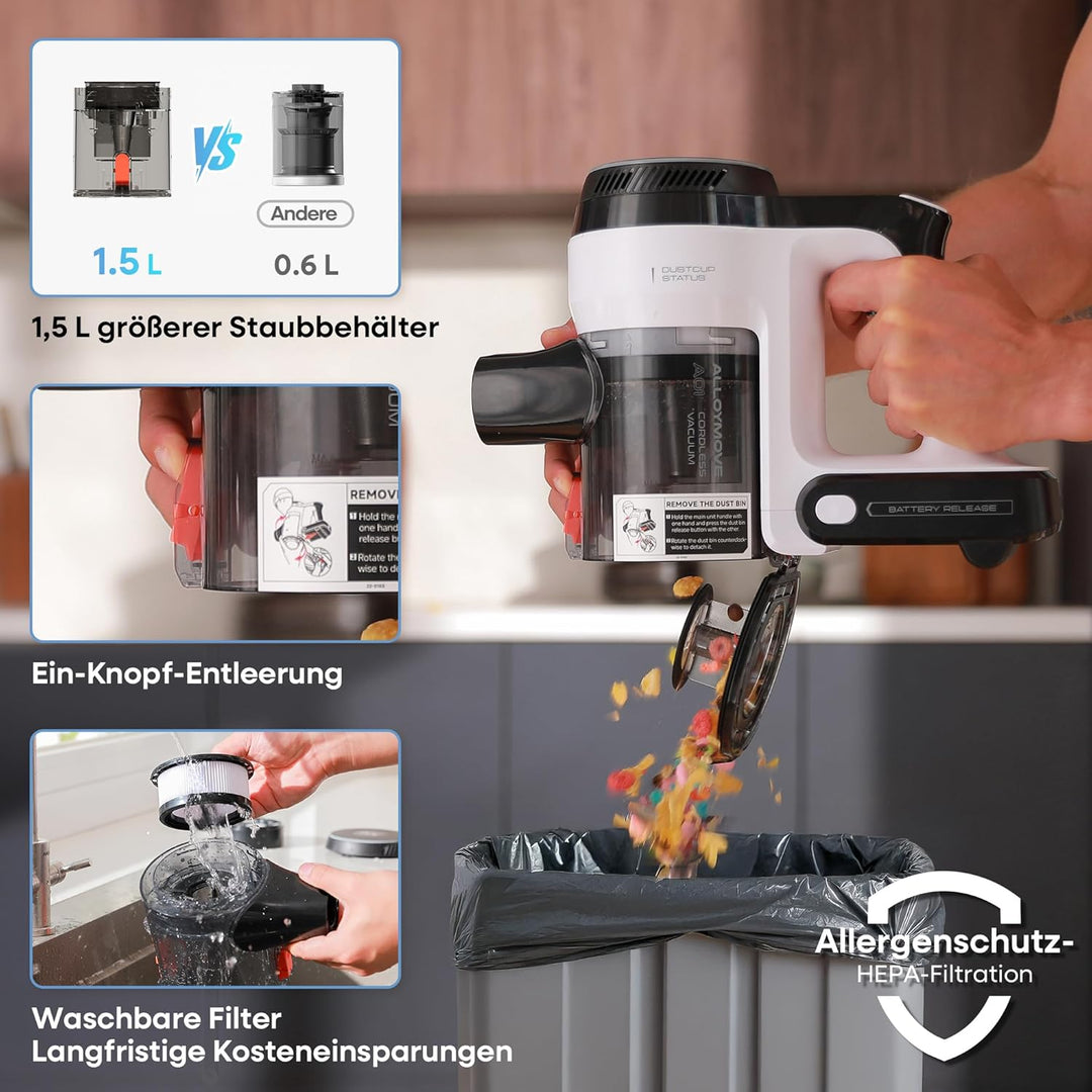 AlloyMove Akku Staubsauger 50000Pa/550W/70Min, 1.5L Staubsauger Kabellos mit Anti-Tangle-Bürste und