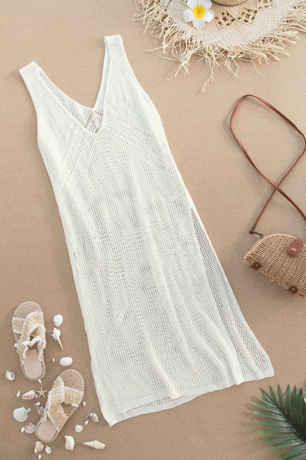 CUPSHE Damen Bikini Cover Up Strandkleid V Ausschnitt Ärmellos Lochmuster Seitenschlitz Sexy Strandp