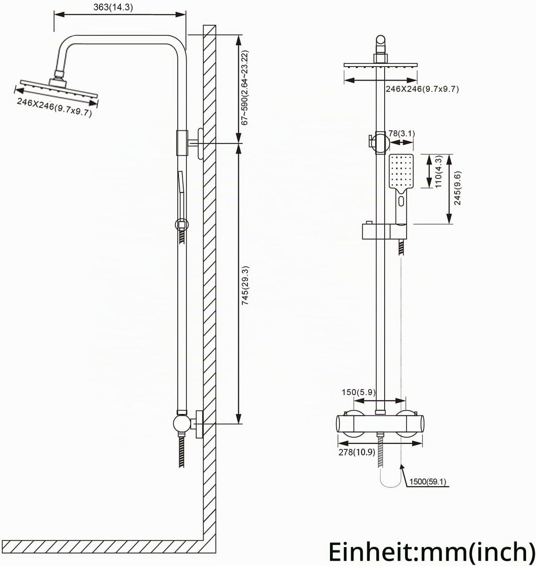 BONADE Duschsystem mit Thermostat Regendusche Duschkopf aus 304 Edelstahl, Duscharmatur Komplettset