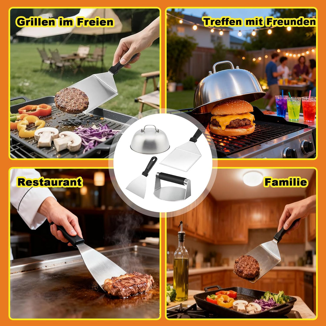 Smash Burger Set aus Edelstahl, 5 Smash Burger Set, Vielseitig Burgerpressen Kit, Burger Spachtel Se