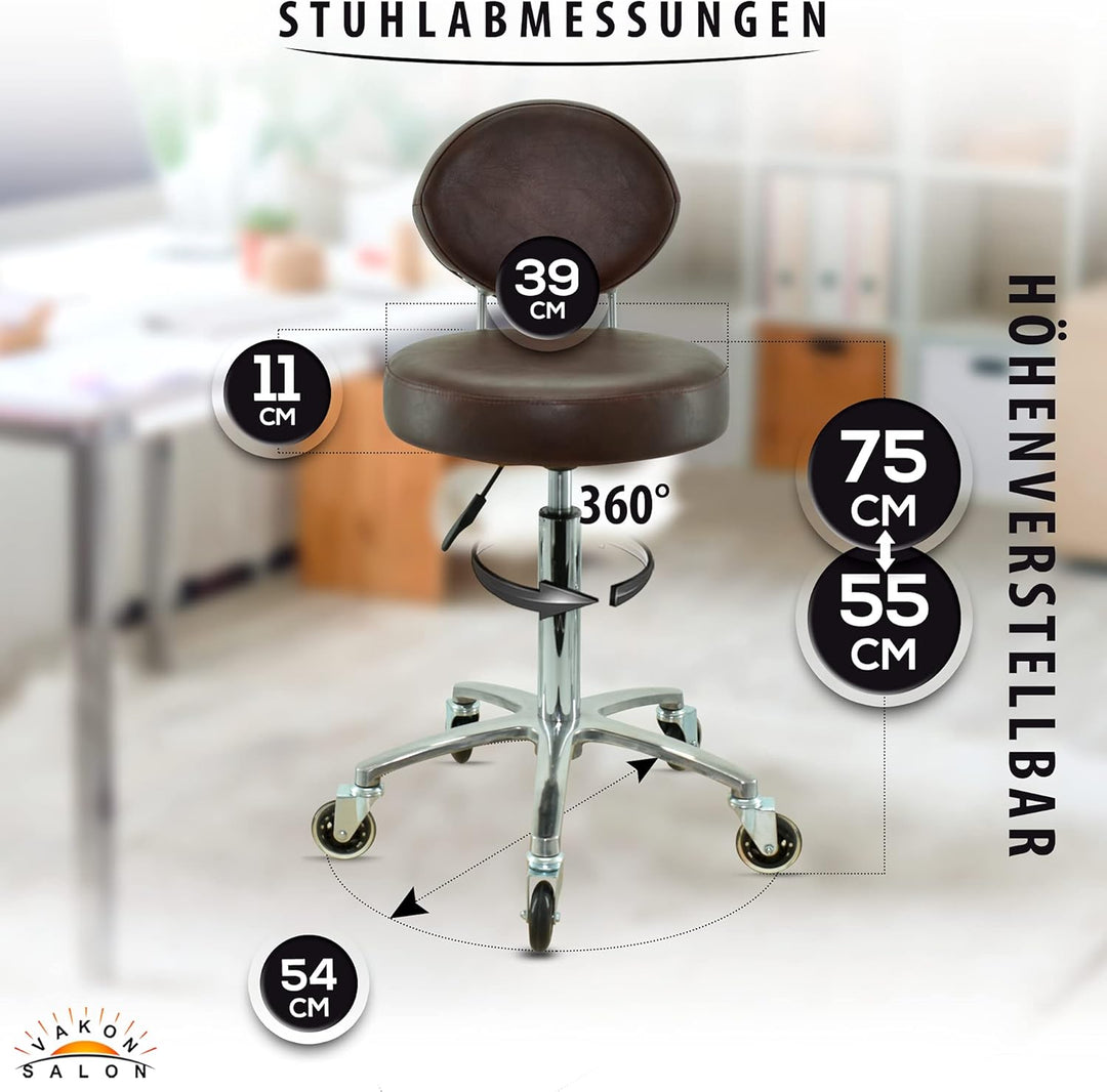 Premium Rollhocker braun mit ovaler Lehne höhenverstellbar von 55 bis 75 cm - Rundsitz- Drehhocker A
