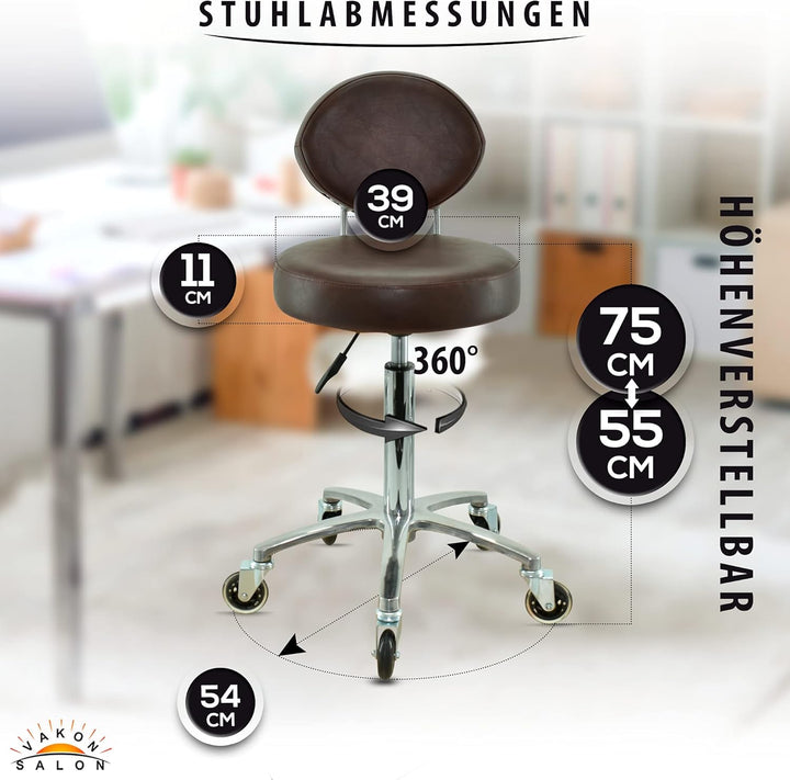 Premium Rollhocker braun mit ovaler Lehne höhenverstellbar von 55 bis 75 cm - Rundsitz- Drehhocker A