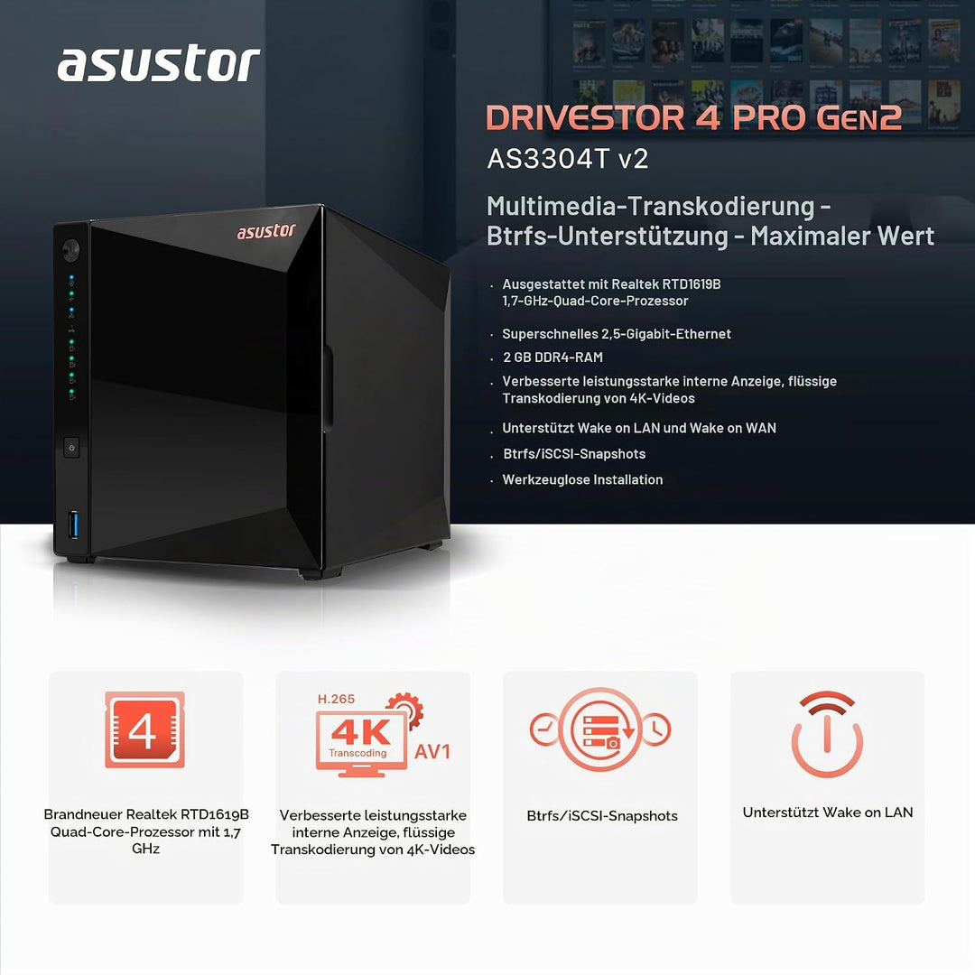 Asustor Drivestor 4 Pro Gen2 AS3304T v2, 4 Bay NAS Gehäuse Netzwerkspeicher, 1.7GHz Quad-Core, 2.5Gb