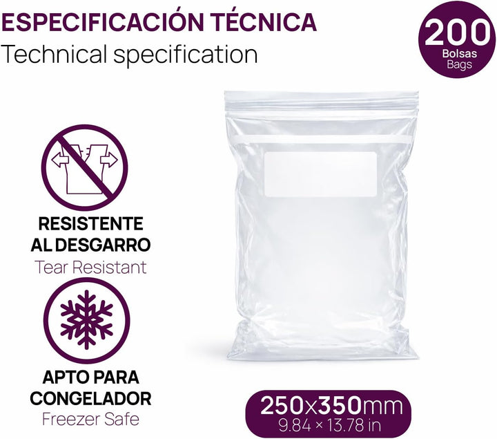 Transparente ZIP-Beutel 250x350 mm mit Luftdichtem Verschluss, Zip-Beutel für Lebensmittel, Snacks,