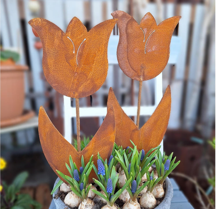 Bornhöft Gartenstecker 2er Set Blume Metall Rost Gartendeko Edelrost Tulpe rostige Dekoration (2er T
