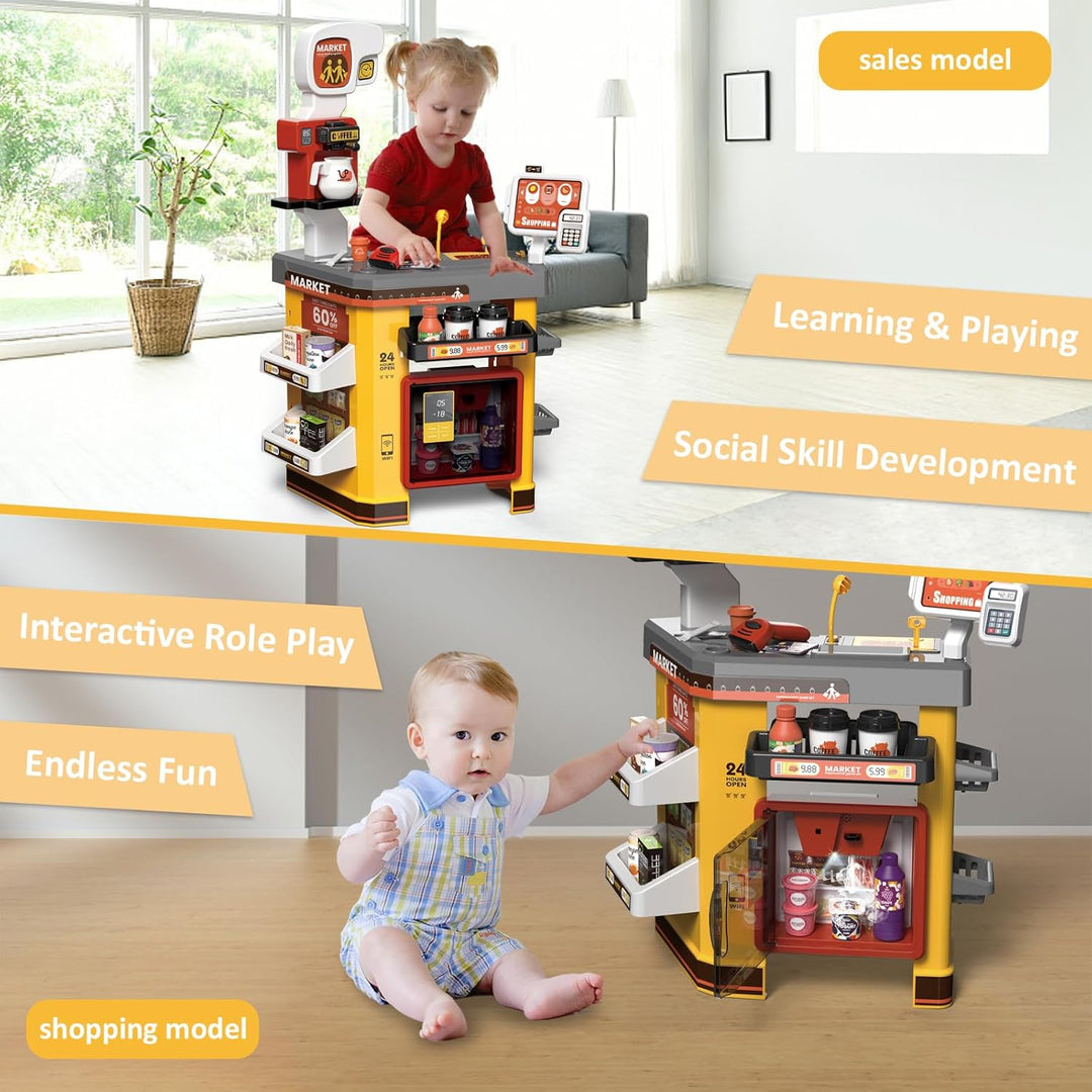 RedCrab Supermarkt Kinder mit Einkaufswagen, 55Pcs Spielsupermarkt Kaufladen Zubehör, Kaufmannsladen
