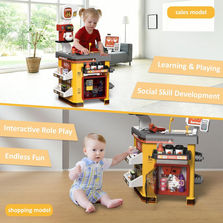 RedCrab Supermarkt Kinder mit Einkaufswagen, 55Pcs Spielsupermarkt Kaufladen Zubehör, Kaufmannsladen