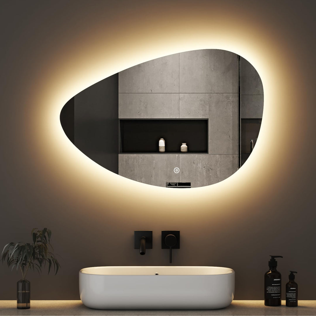 Boromal Asymmetrischer Spiegel mit Beleuchtung 65x90cm Badspiegel mit LED-Beleuchtung, Touch-Schalte