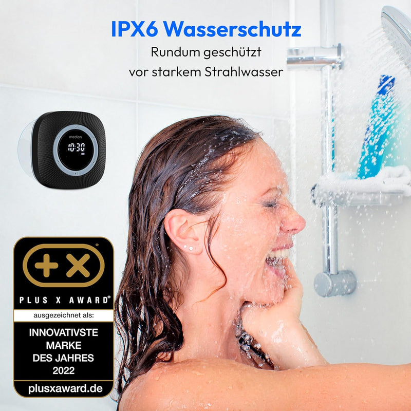 MEDION P66096 Duschradio mit Bluetooth (Badradio, UKW Radio, Saugnapf, LED-Display, IPX6 Wasserdicht