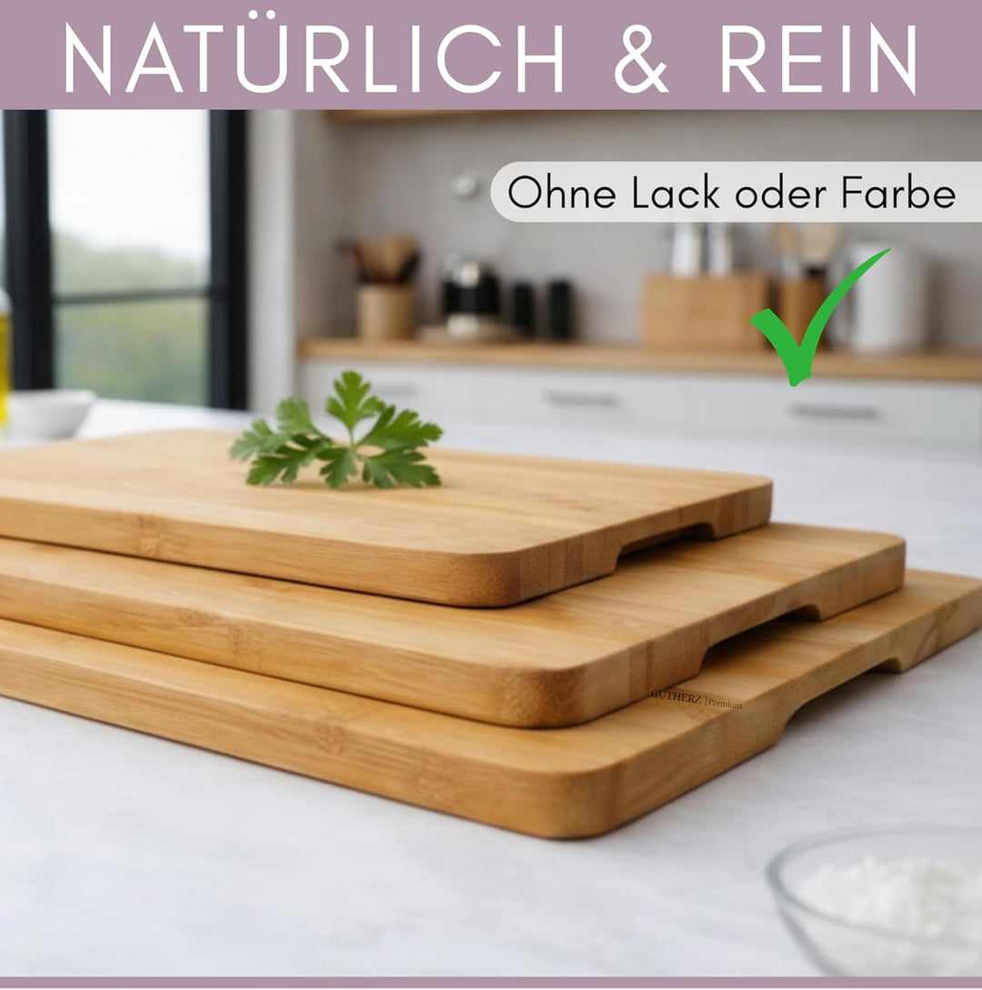 Bambus Schneidebrett aus Holz - 3er Set- Natürlich- ohne Lack | Antibakteriell | 38x25 / 30x20/ 22x1