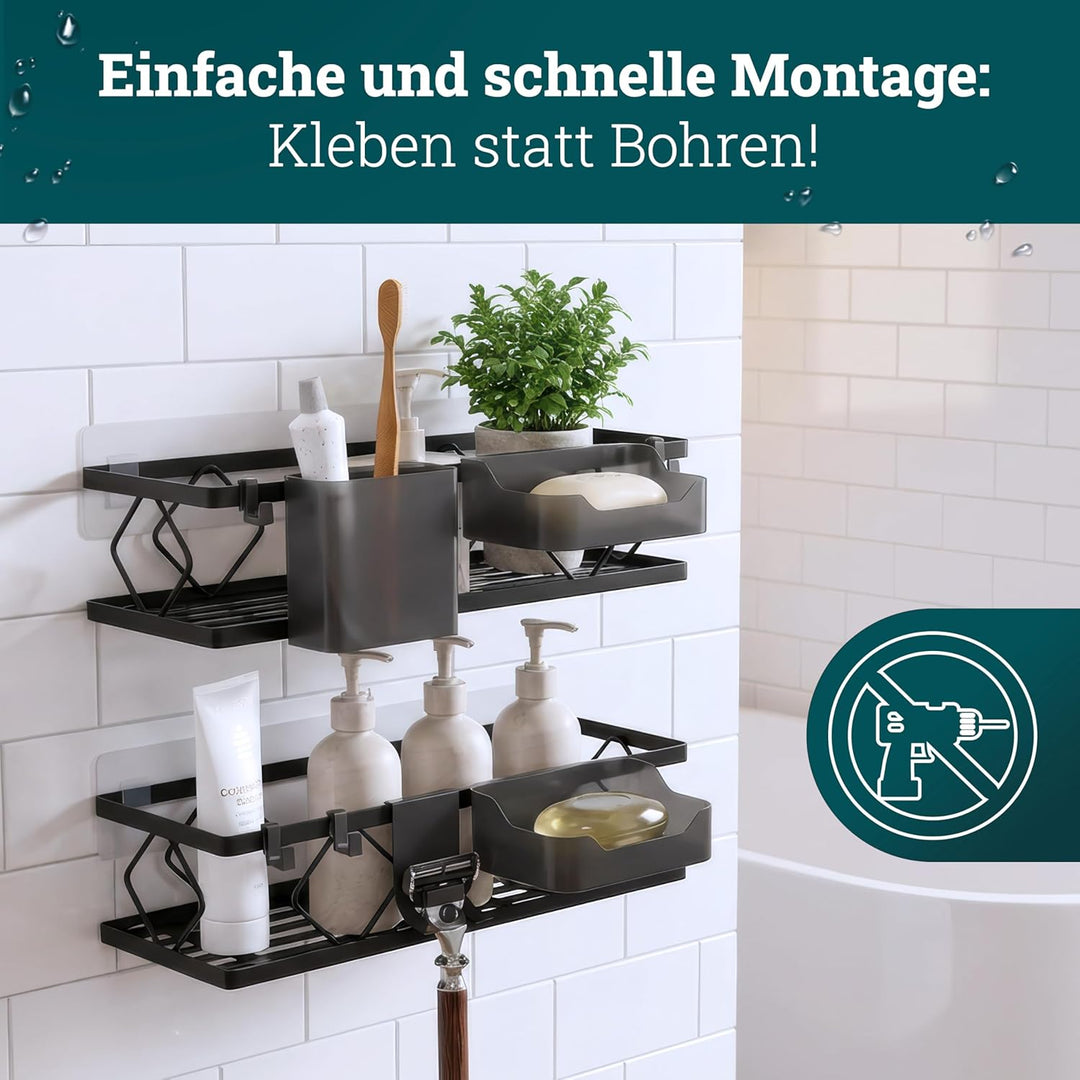 husman® Duschablage-Set ohne Bohren | Matt-Schwarz | 10-teilig mit Ablaufrillen | Kleben statt Bohre