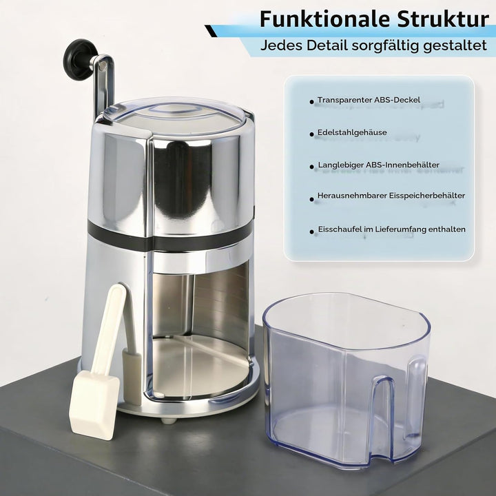 Ice Crusher, Manueller Eiscrusher Edelstahl 1,1 L, Crushed Ice Maker mit Handkurbel, Edelstahl Manue