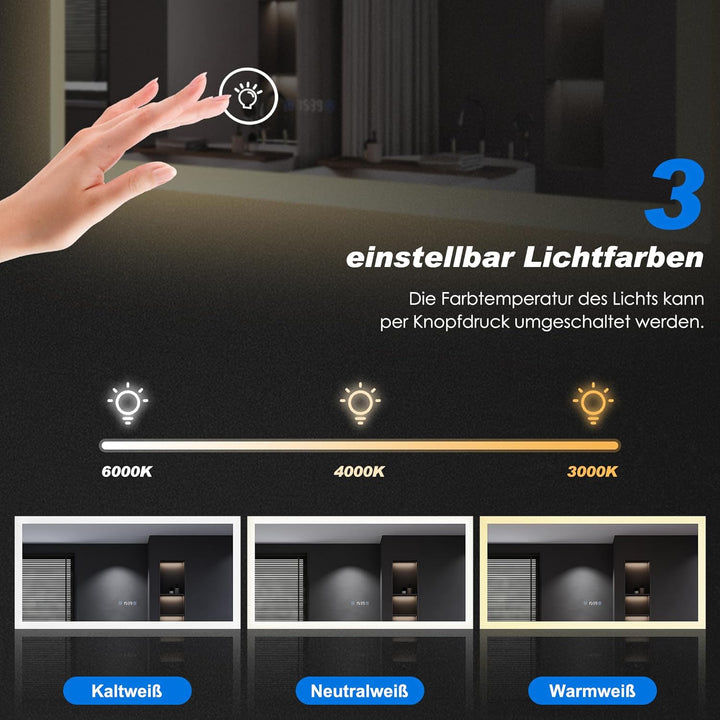 SONNI LED Badspiegel 120x60 cm, Touchschalter mit Uhr & Temperatur, 3 Lichtfarben für Make-up, Antib