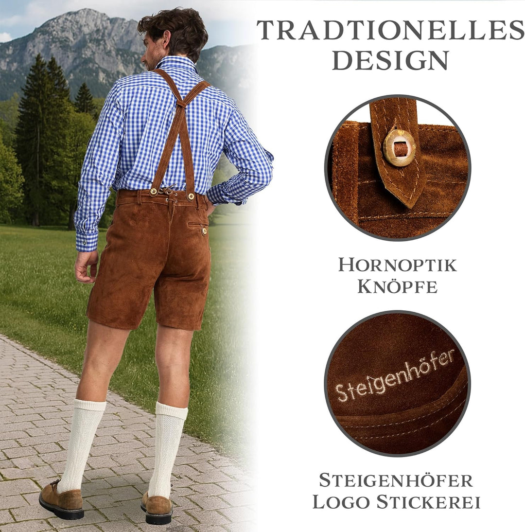 STEIGENHÖFER Lederhose Herren Tracht kurz - Anton - Trachtenhose mit Trägern - 100% Rindsleder - Tra