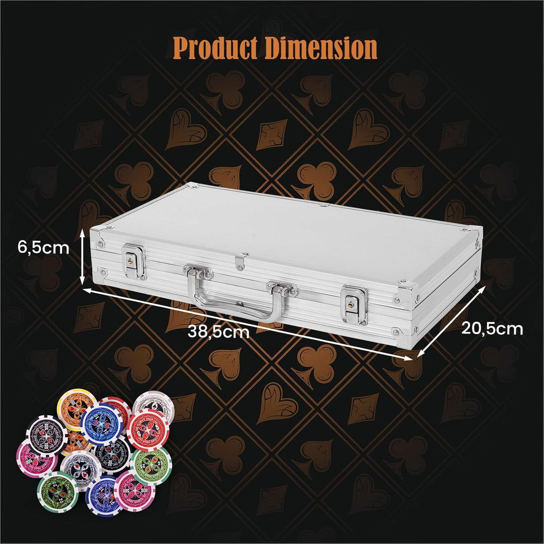 HOMASIS Pokerset mit 300 Chips, Alu Pokerkoffer mit 2 Kartendecks, 5 Würfeln, 1 Dealer Button, Poker
