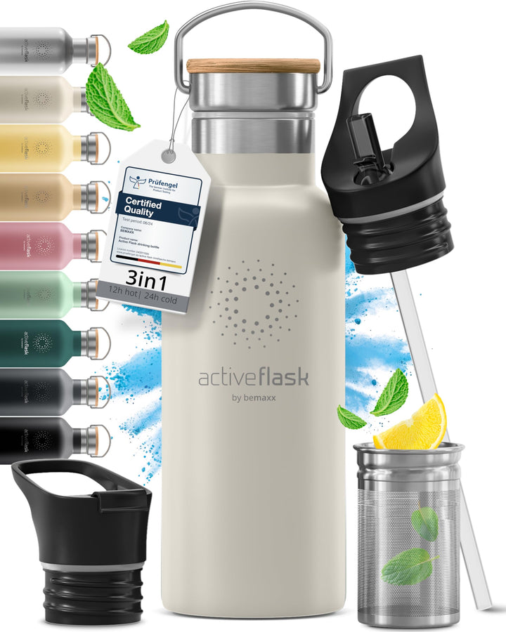 Trinkflasche Edelstahl mit Strohhalm, Infuser + 3 Deckel: BPA-frei, Auslaufsicher, Kohlensäure geeig