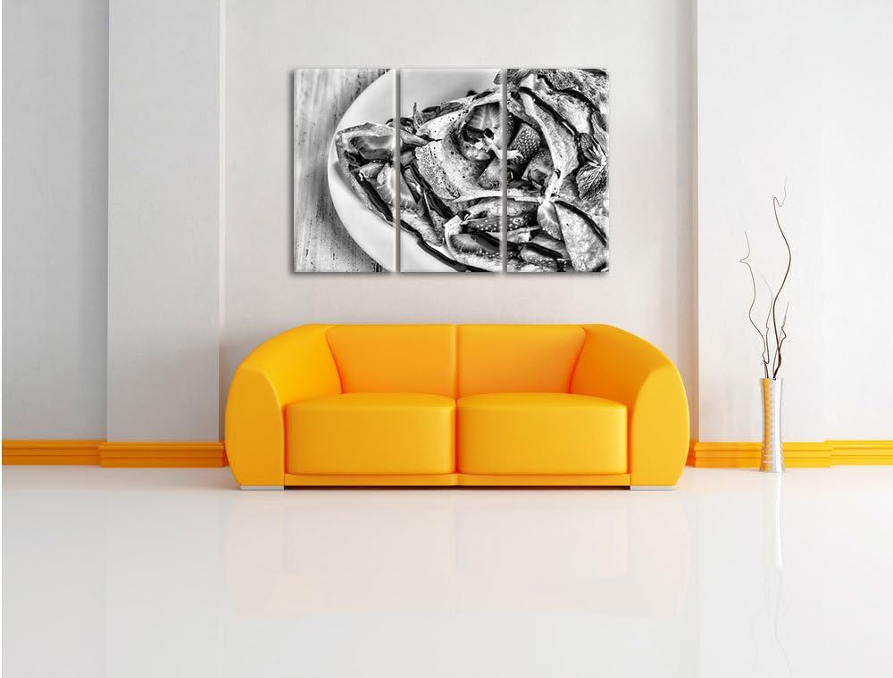 Pixxprint Monocrome, Crépes mit Erdbeeren 3-Teiler Leinwandbild 120x80 Bild auf Leinwand