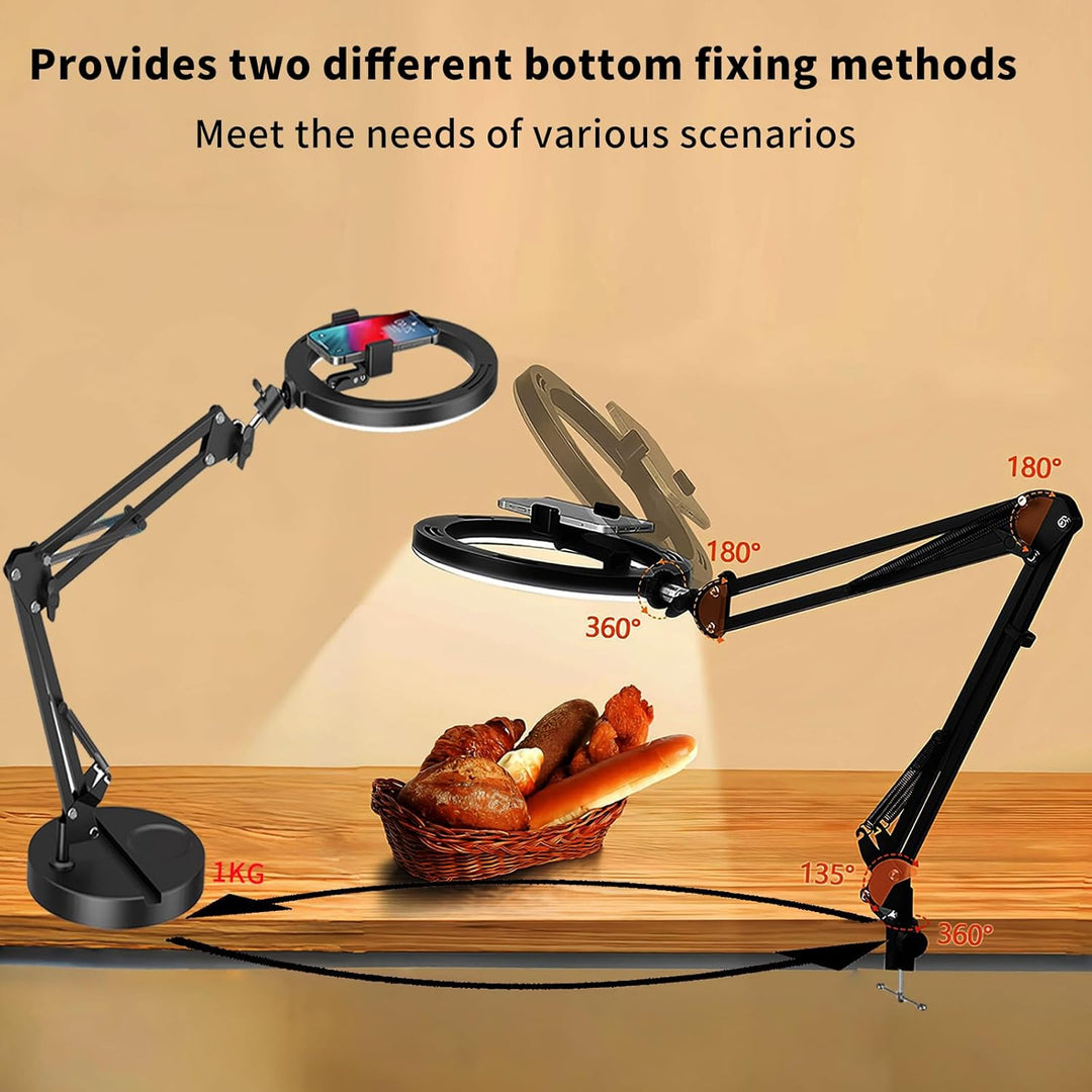 Ringlicht mit Stativ, Doppelter Sockel Handy Stativ mit Ringlicht 10", Licht 3 Lichtfarben+10 Hellig