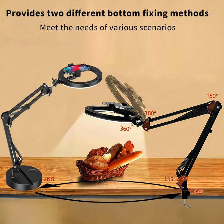 Ringlicht mit Stativ, Doppelter Sockel Handy Stativ mit Ringlicht 10", Licht 3 Lichtfarben+10 Hellig