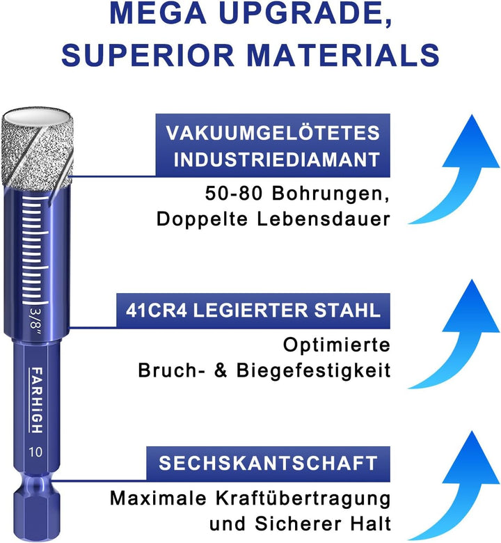 Diamantbohrer Fliesenbohrer Glasbohrer Set 6 tlg. 6, 8, 10, 12mm & 6mm Wolframstahl-Legierungsbohrer