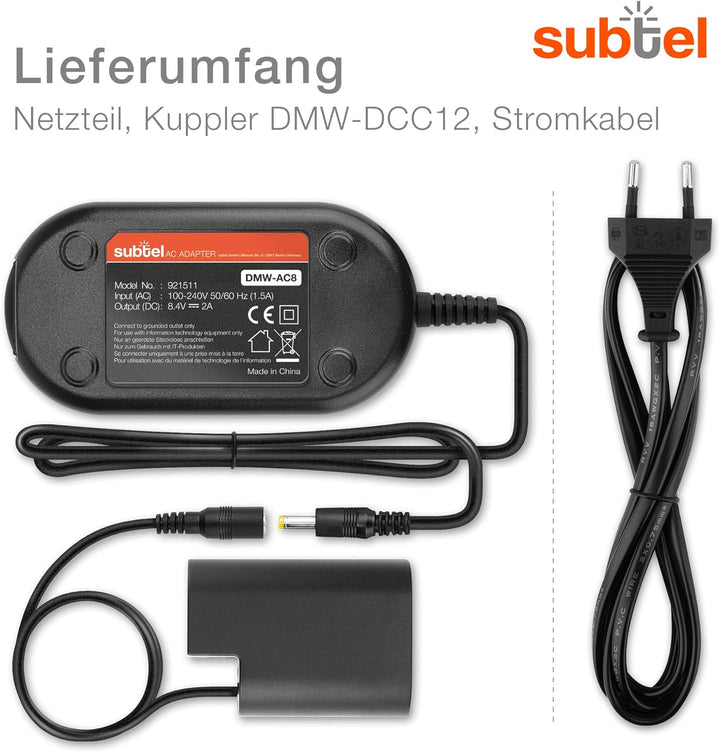 subtel® Netzteil DMW-AC8 + DMW-DCC12 für Panasonic Lumix DMC-GH3 DMC-GH4 DC-GH5 GH9 Kamera, Camcorde