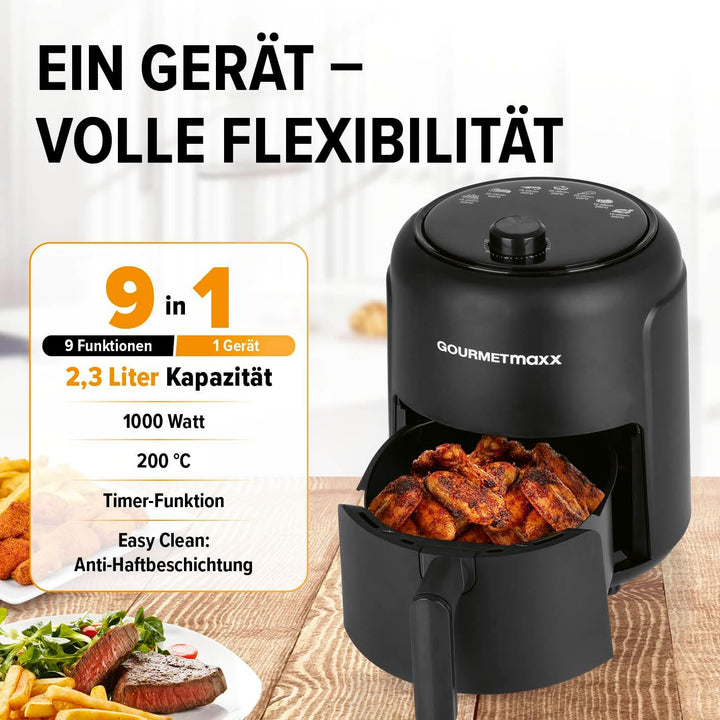 GOURMETmaxx Heissluftfritteuse 2,3L | Airfryer mit 60 Minuten Timer und 9 Funktionen inkl. Vorheizen