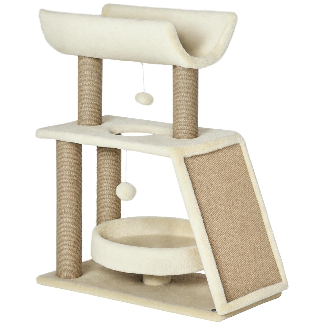 PawHut Kratzbaum mit 2 Spielball für Mittelgrosse Katzen 76 cm Hellbraun | Sisalstämme, Bett, Kratzb