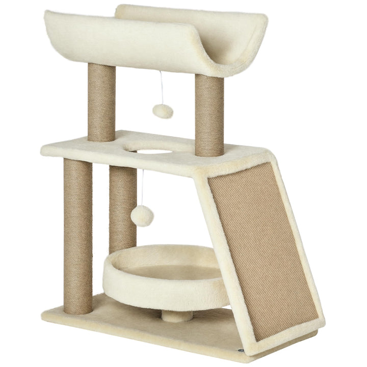 PawHut Kratzbaum mit 2 Spielball für Mittelgrosse Katzen 76 cm Hellbraun | Sisalstämme, Bett, Kratzb