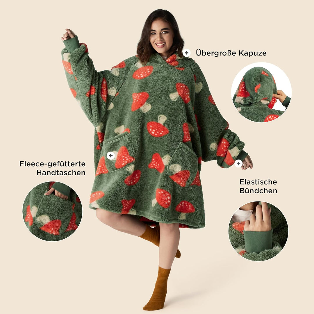BEDSURE Hoodie Decke Damen mit Ärmeln Deckenpullover Kuschelpullover Damen Pilz Druck Standard, Gesc