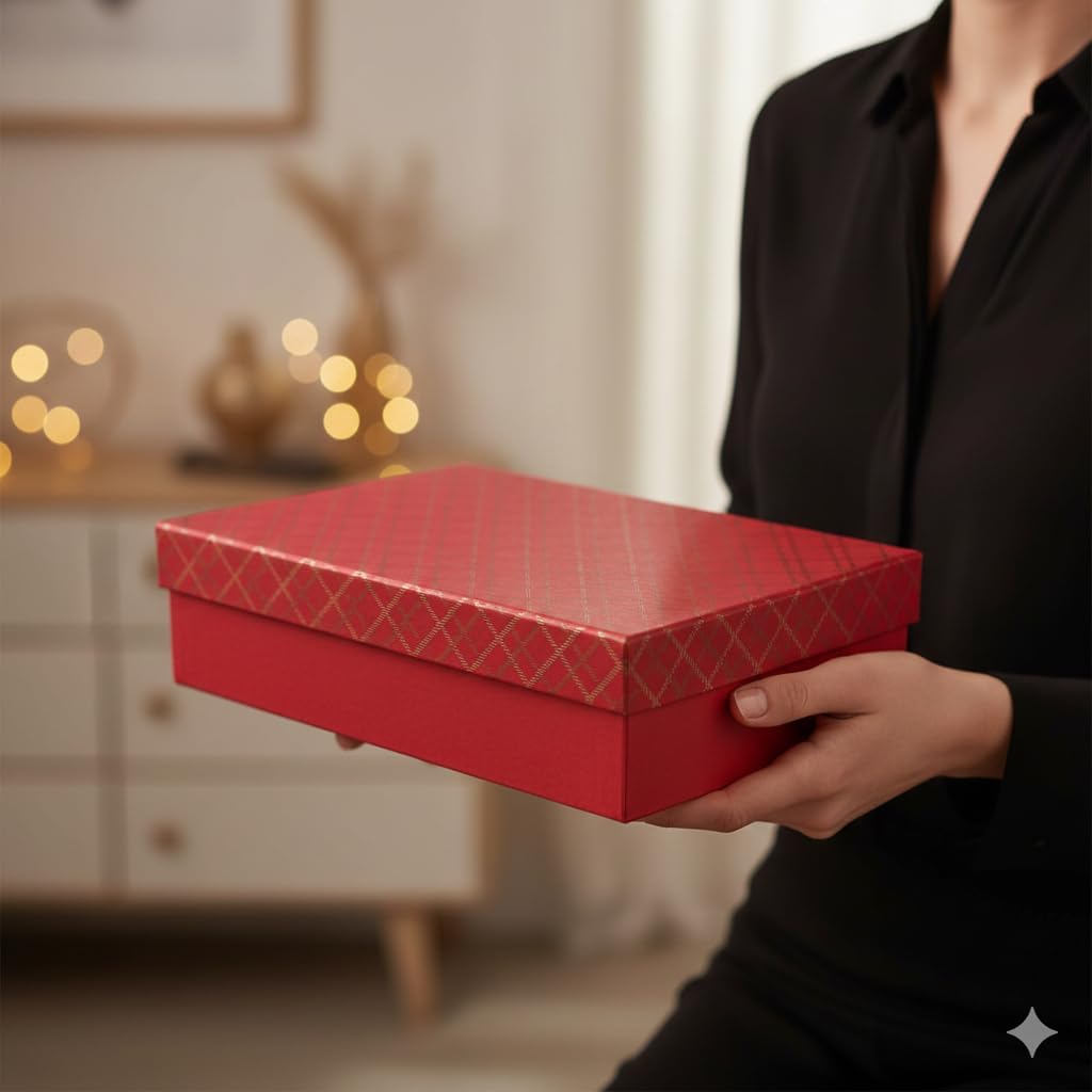 Emartbuy Handgefertigte Geschenkbox aus Baumwollpapier, kariert, rot, 38 x 27 x 10 cm (15 x 10,6 x 3