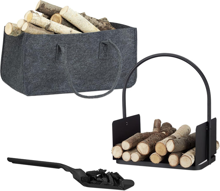 3 tlg. Kamin-Set, Kaminholztasche, Kaminholzkorb, Kohlenschaufel, Filz, Stahl, faltbar, Henkel, schw
