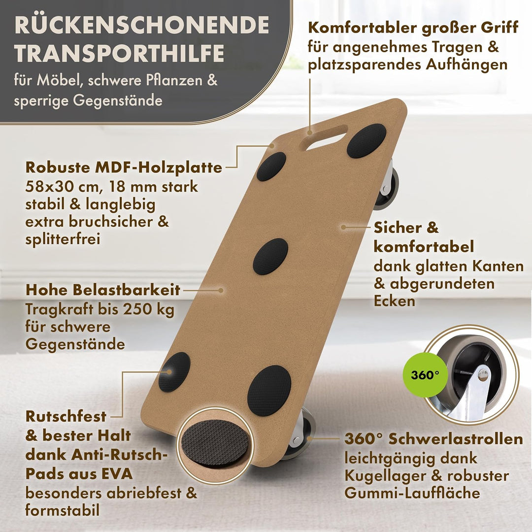 TTL Home 2er Set Möbelroller Scooter 58x30x11cm - 250kg Traglast Rollbrett & Transportroller 360° Gu