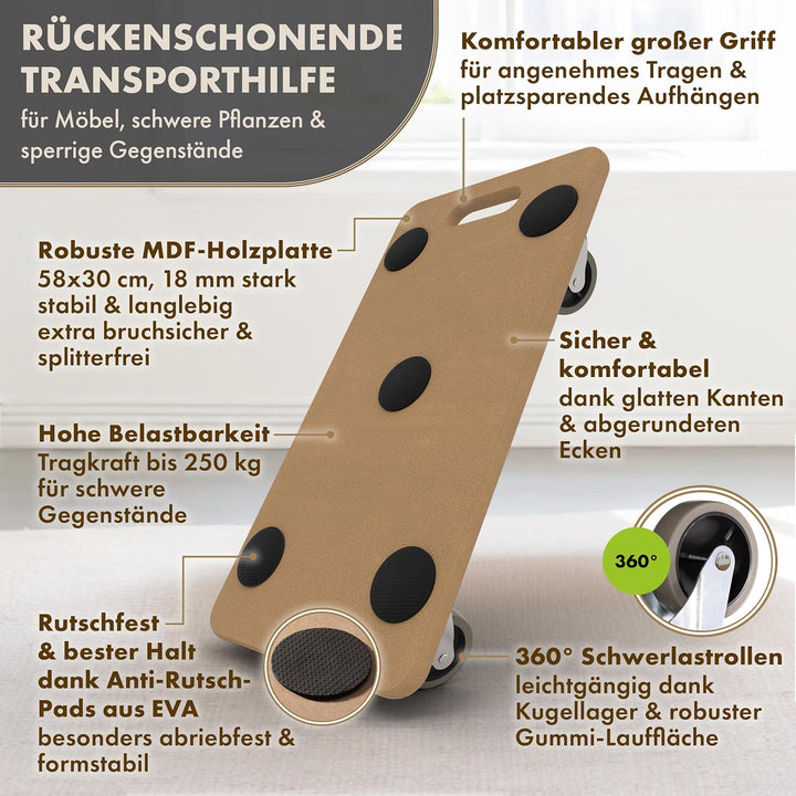 TTL Home 2er Set Möbelroller Scooter 58x30x11cm - 250kg Traglast Rollbrett & Transportroller 360° Gu