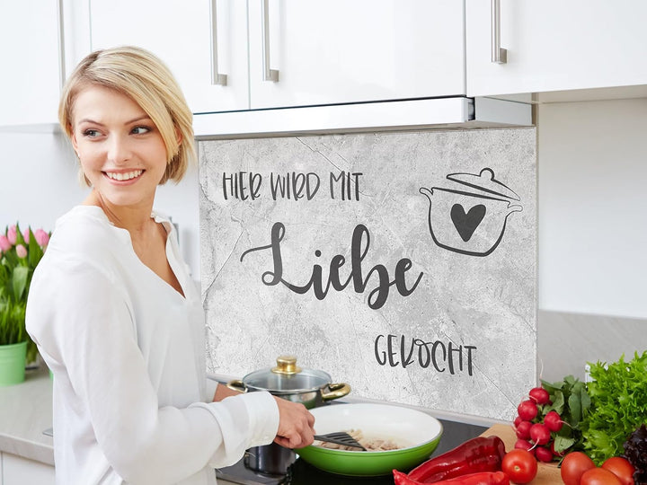 GRAZDesign Spritzschutz Küchenrückwand Glas Küche für Herd & Küchenspüle, Grau Steinoptik und Spruch