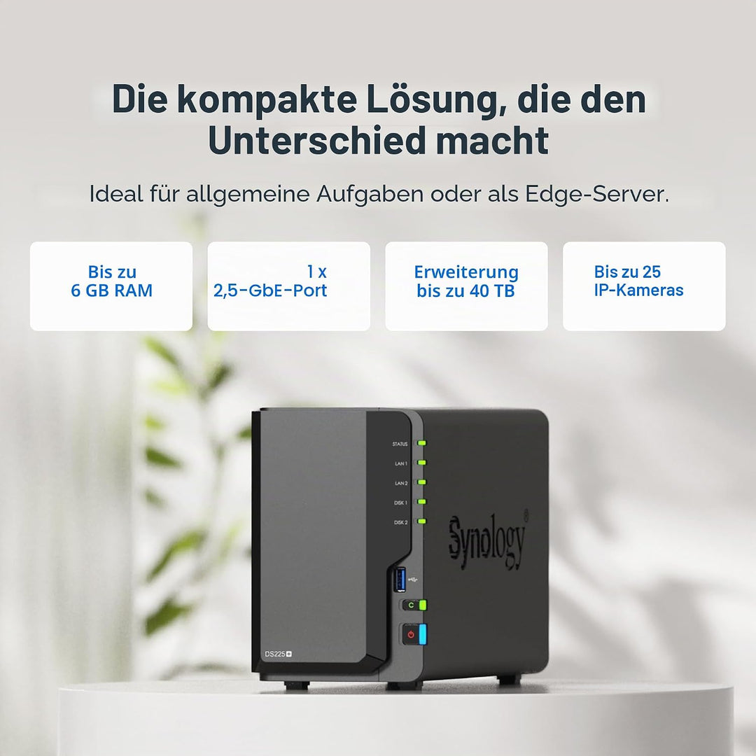Synology DS225+ 2-Bay Diskstation NAS (Intel Celeron J4125 4-Core 2.0 GHz 2GB DDR4 RAM 2xRJ-45 1GbE