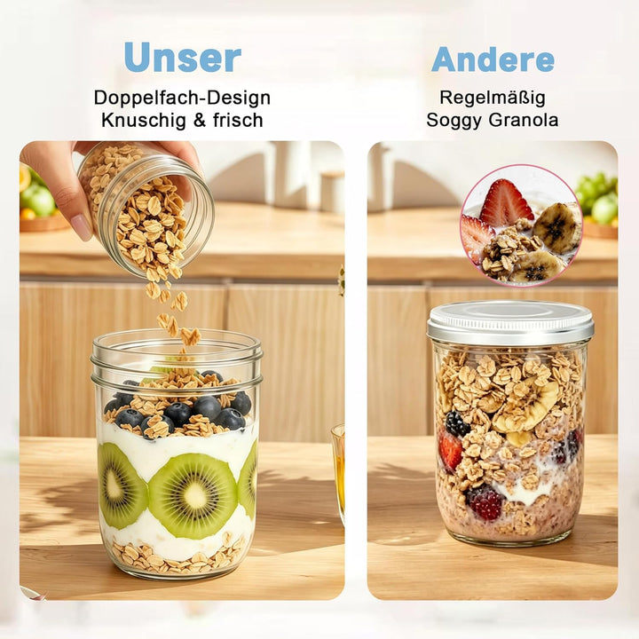 600ml Overnight Oats Gläser(480+120), 4 Pack Müslibecher to go - Doppelschicht Design,Trocken-Nass-T