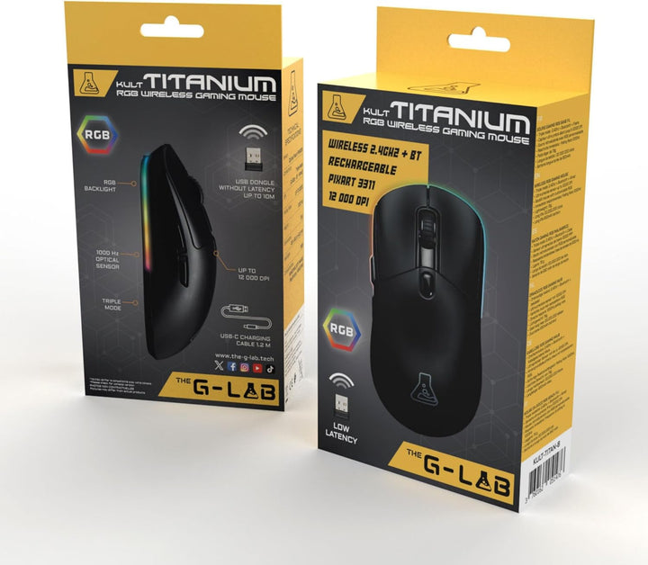 The G-Lab – Kult Titanium – Kabellose Gaming-Maus Bluetooth / 2.4 GHz/Kabel – Triple-Modus, 100h Akk