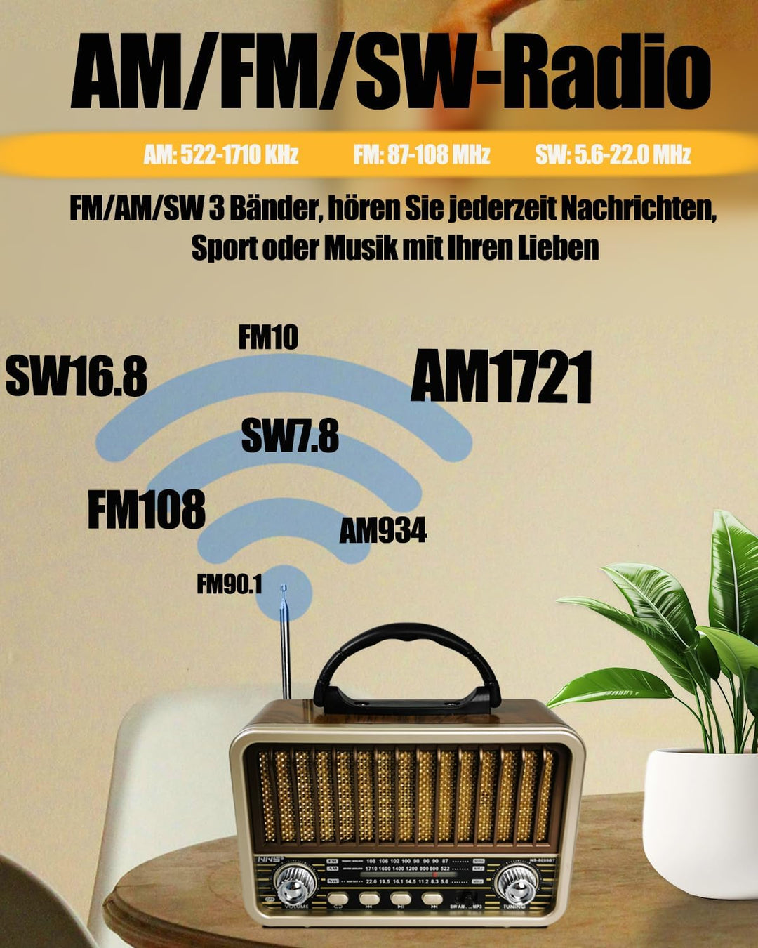 Retro Radio mit Bluetooth, AM/SW/FM Tragbares Radio Klein, UKW Radio Batteriebetrieben Unterstützung