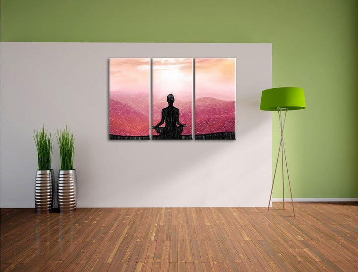 Pixxprint Meditierender Mensch in den Bergen Kunst Buntstift Effekt 3-Teiler Leinwandbild 120x80 Bil