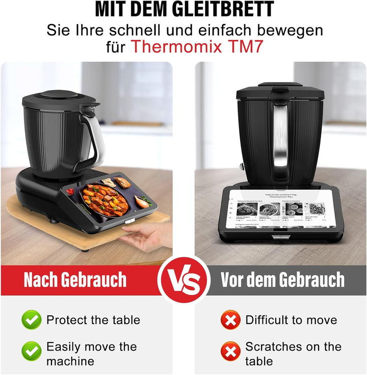 Bambus Gleitbrett für Thermomix TM7 mit 360° Rollen, Müheloses Verschieben des TM7 Hochwertiger Roll