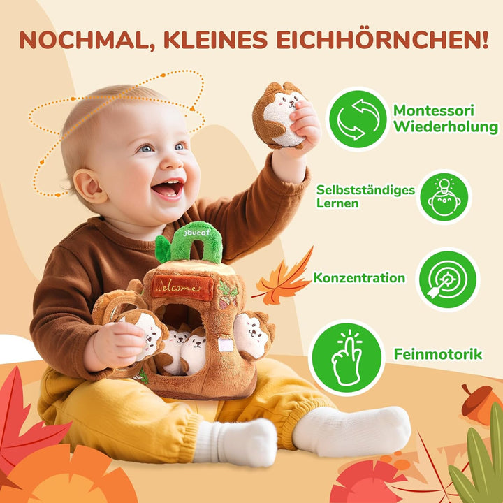 JoyCat Baby Spielzeug 6-12 Monate, Montessori BabySpielzeug Baumhaus | 5 Plüsch Eichhörnchen, Rassel