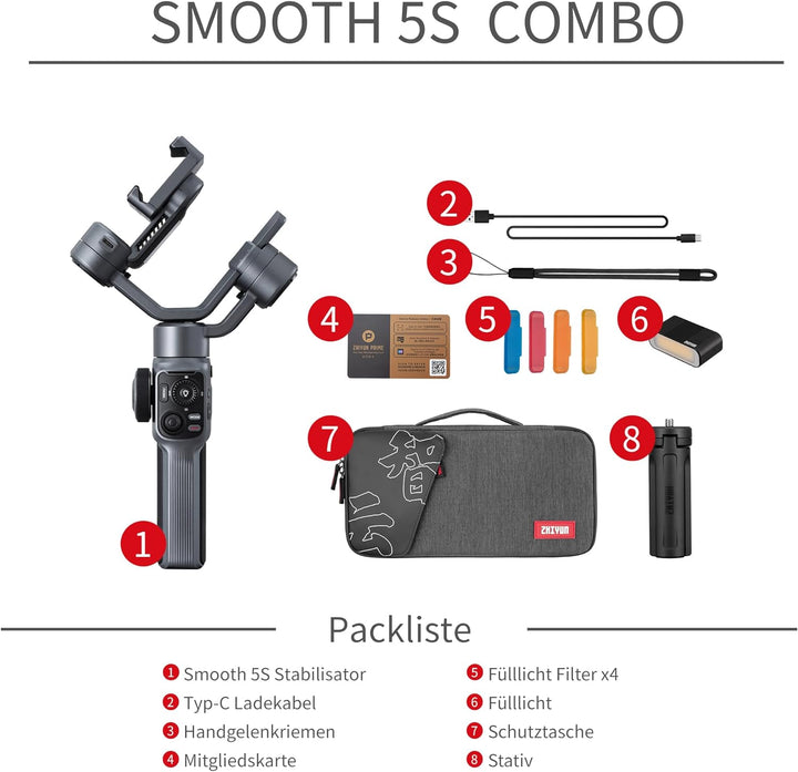 ZHIYUN Smooth-5S Combo [Official] iPhone Gimbal Stabilisator 3-Achsen mit Magnetlichter, Smartphone